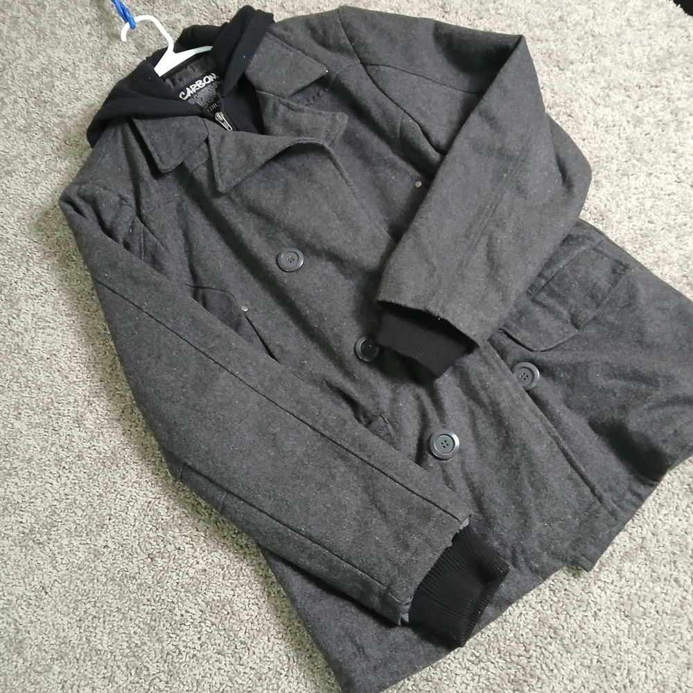 Carbon Mens Wool Blend Hooded Coat Charcoal Gray Double Breasted Jacket Medium